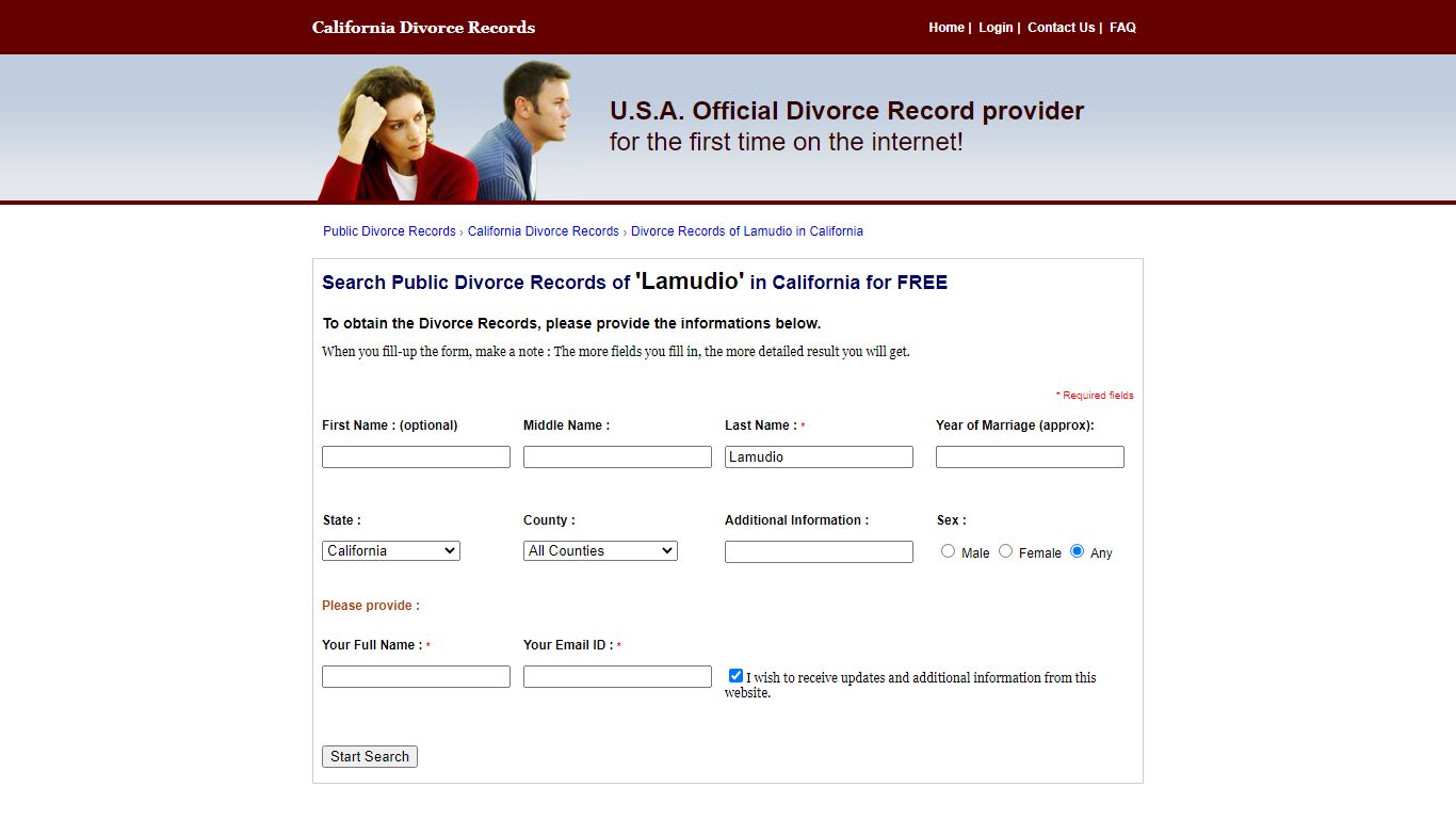 Divorce Record of Lamudio in California. Free Divorce Records Search